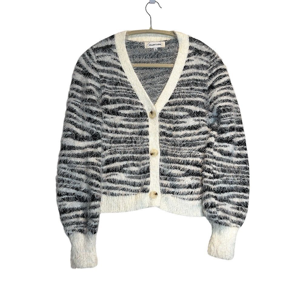 Willow & Wind Zebra Print Eyelash Knit Cropped Cardigan Size S Fuzzy Open Front